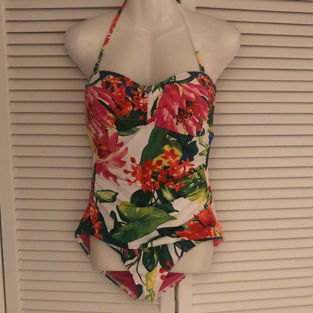 Tommy Bahama Tropical Floral Halter One-Piece Swimsuit - Pink, Green, Orange